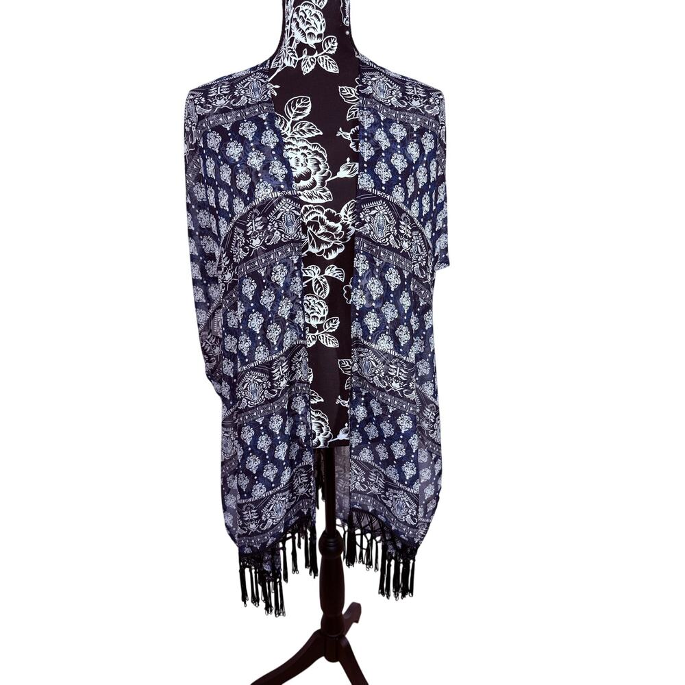 CATO Blue and White Paisley Kimono Fringe One Size Coverup